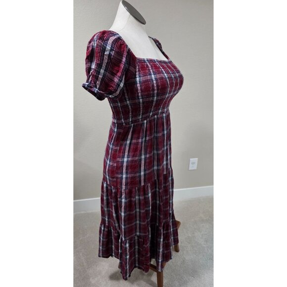 Plaid Smocked Red & Blue Midi Square Neck Dress With Puff Short Sleeves AE - Picture 5 of 6